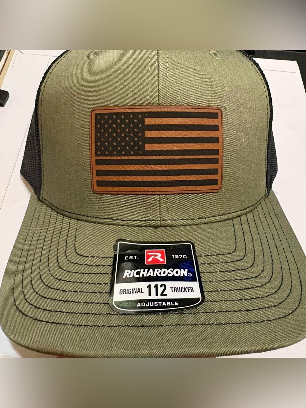 ✨NEW- Olive Green Trucker Hat with Leather American Flag Patch